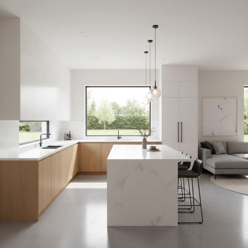 3D render of modern L shaped kitchen with window and island
