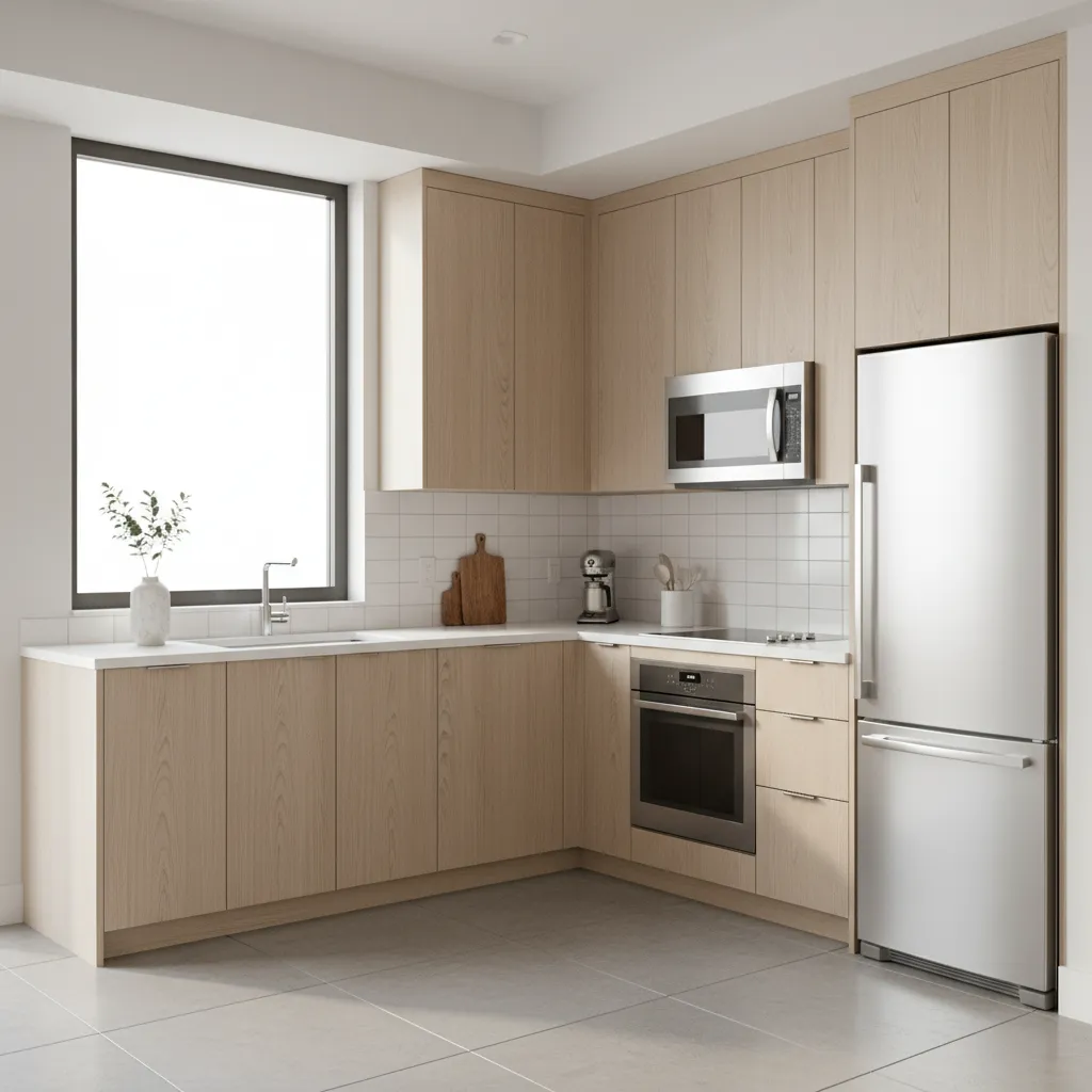 modern L shaped modular kitchen layout with cabinets and countertop