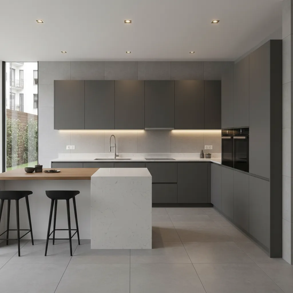 3D render of a modern L shaped modular kitchen with efficient layout