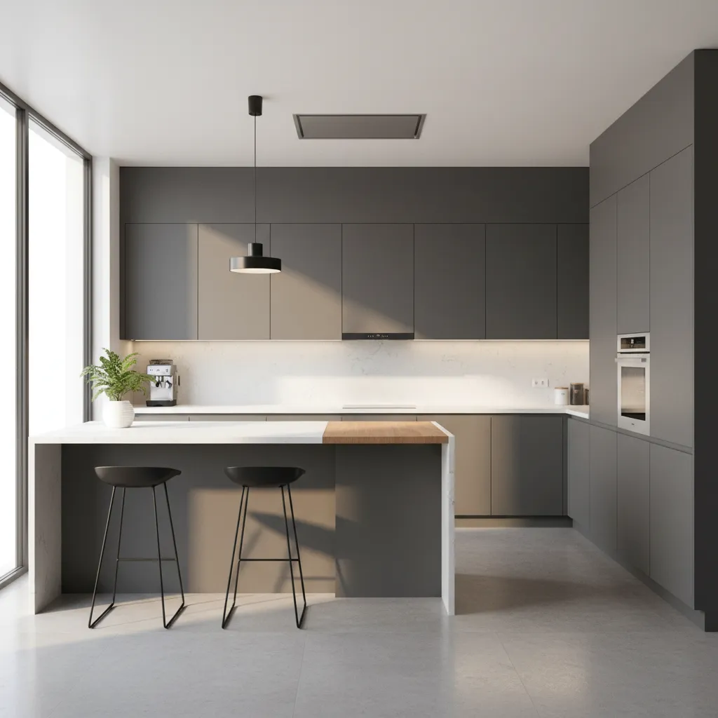 Modern L-shaped modular kitchen with large window and bright natural lighting