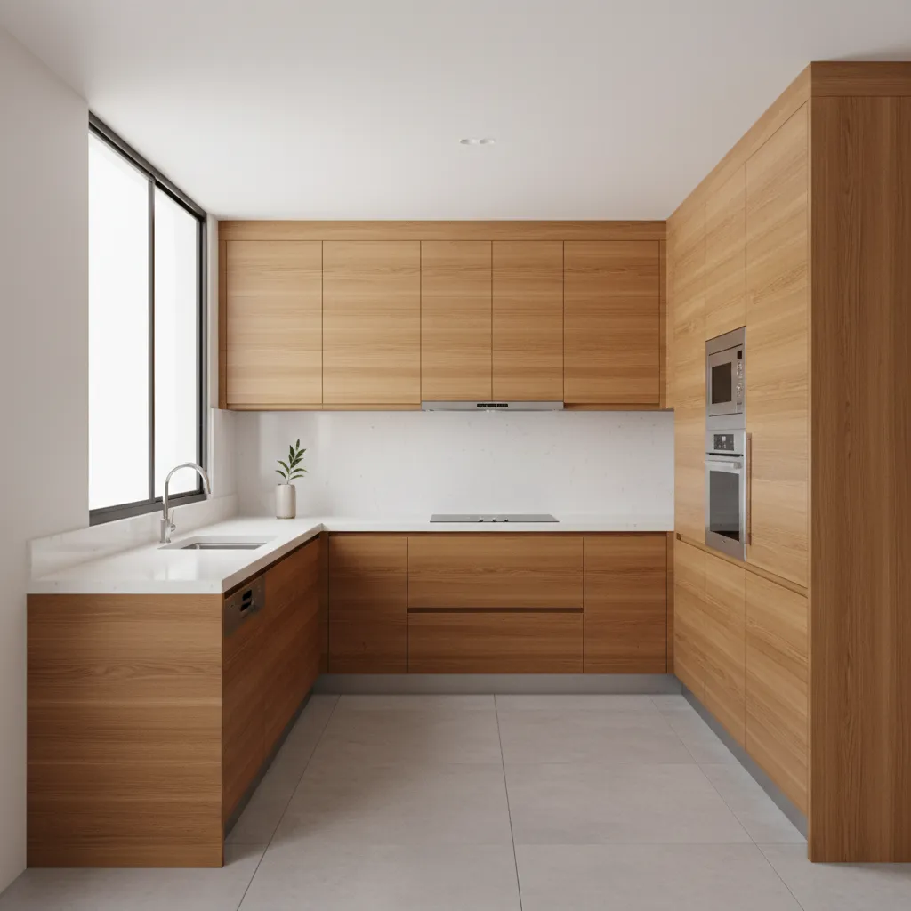 Modern L-shaped kitchen featuring wooden cabinets white marble countertop large window and built-in wall oven