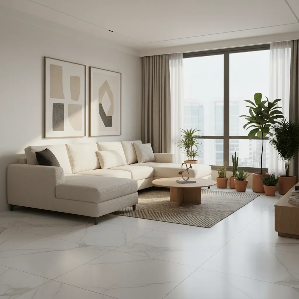 Modern L shaped sectional sofa in compact Indian apartment living room