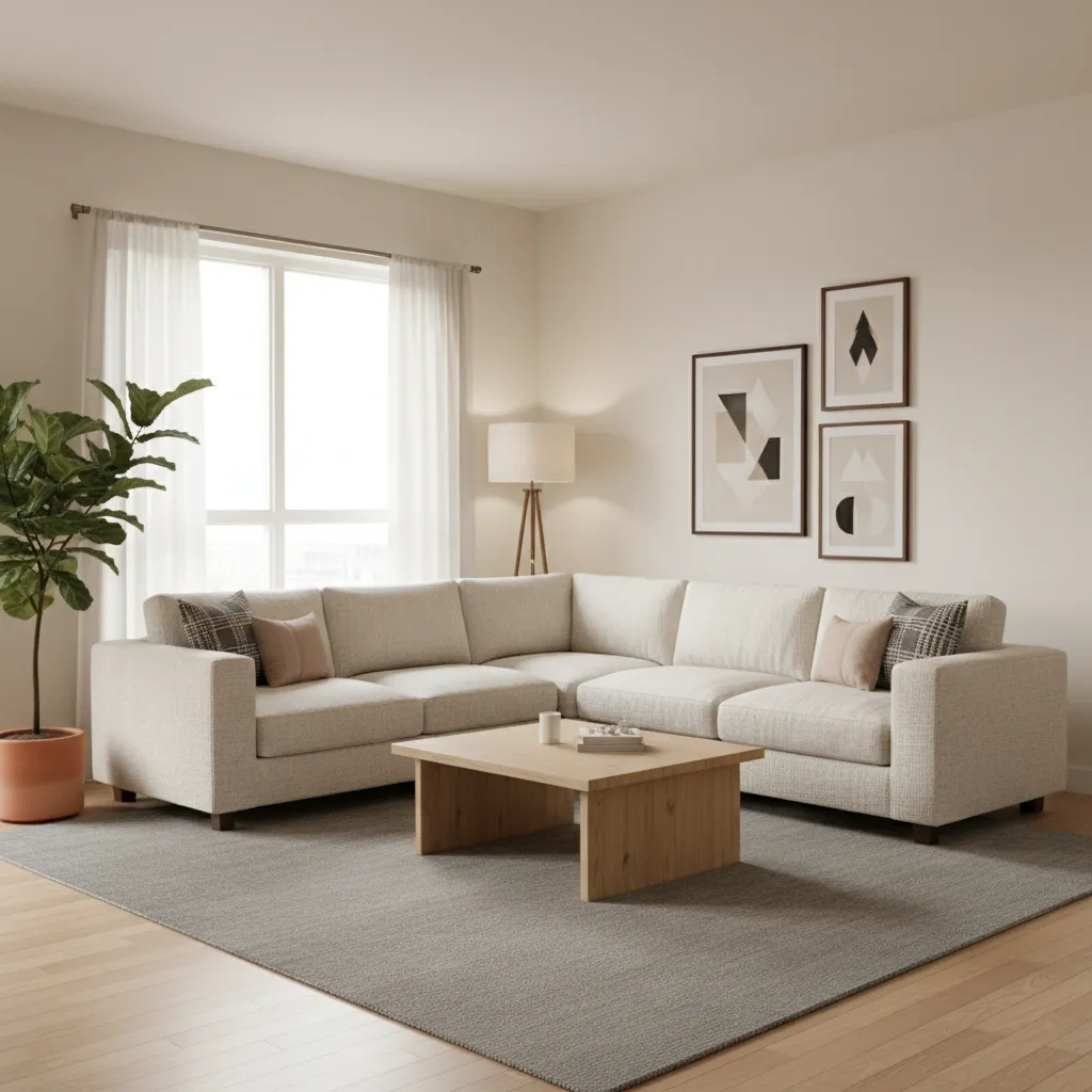 modern drawing room with L shaped sectional sofa and balanced layout