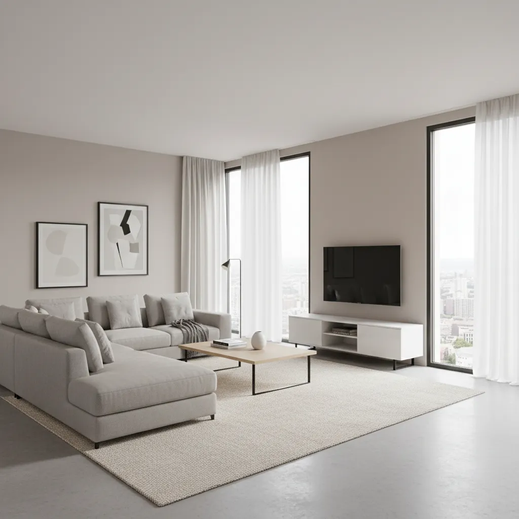 Modern open living room with L shaped sofa defining seating area