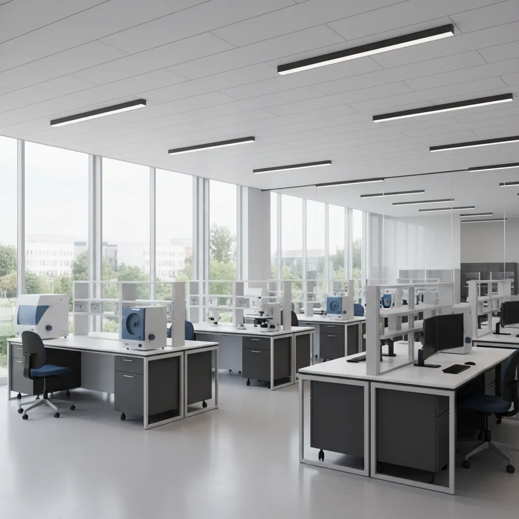Modern laboratory floor plan layout with modular benches and open collaboration zones