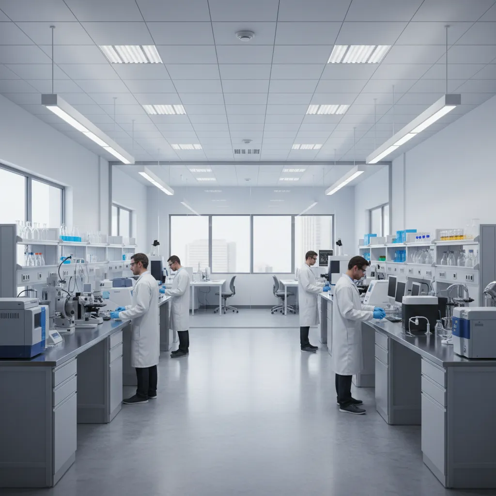 Modern laboratory interior with organized workstations and circulation paths
