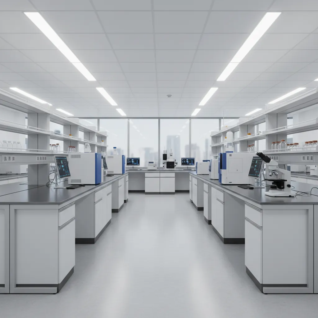 Clean white laboratory interior design drawing showing rows of workbenches with microscopes, computers, and ceiling lights