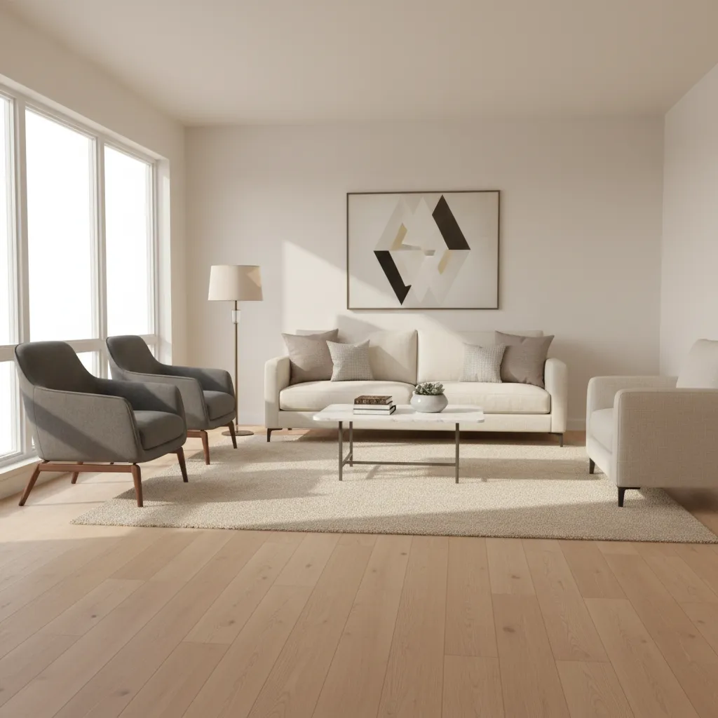 Real estate listing style photo showing laminate flooring in a staged home