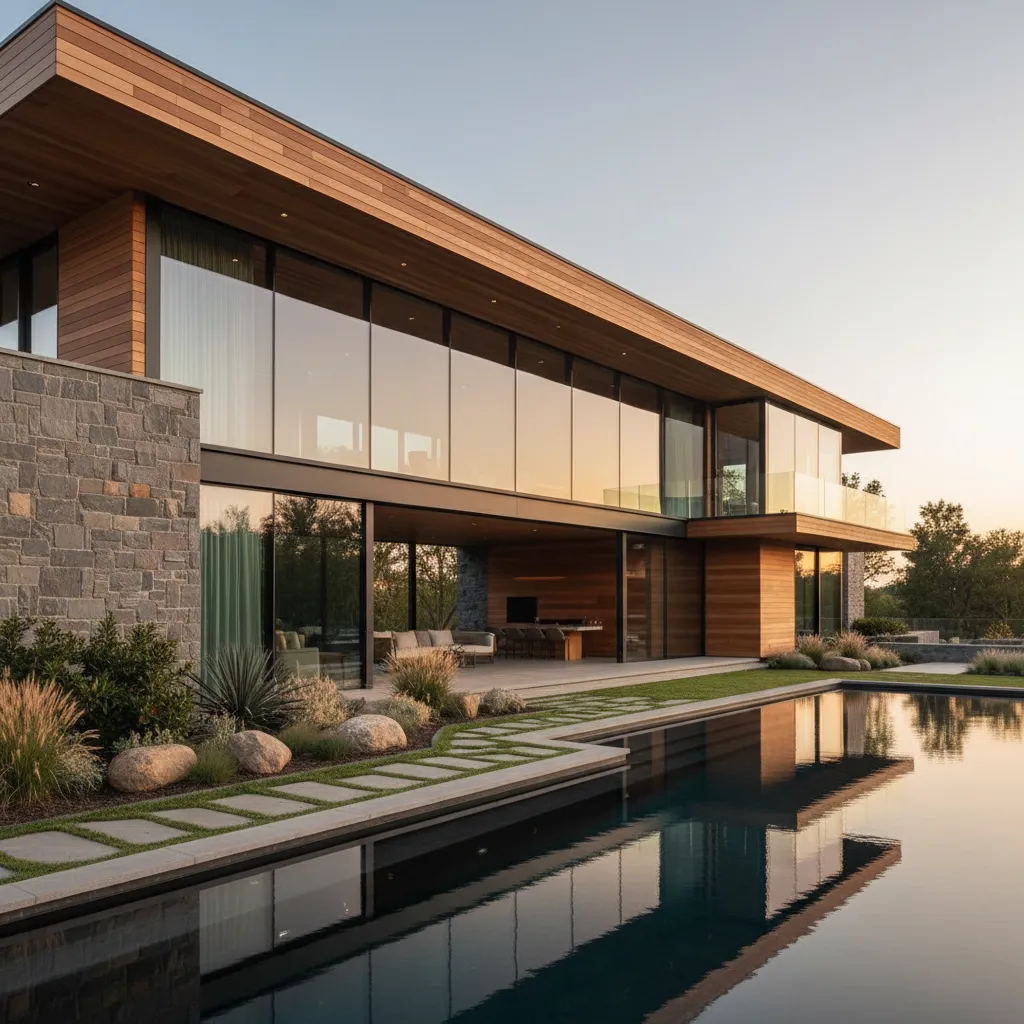 Modern house with wood and stone walls large glass windows pool reflection and garden path
