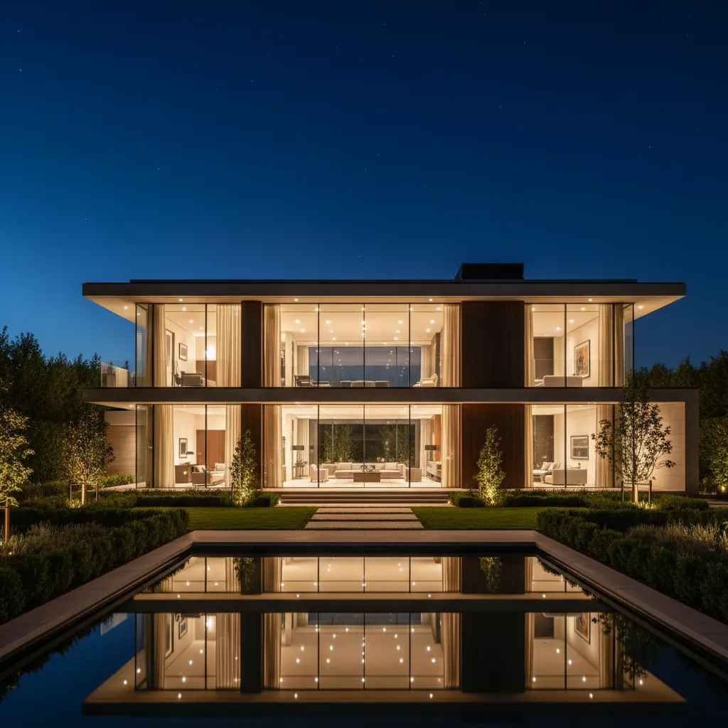 Two story modern house exterior at night with large windows pool reflection and warm lighting