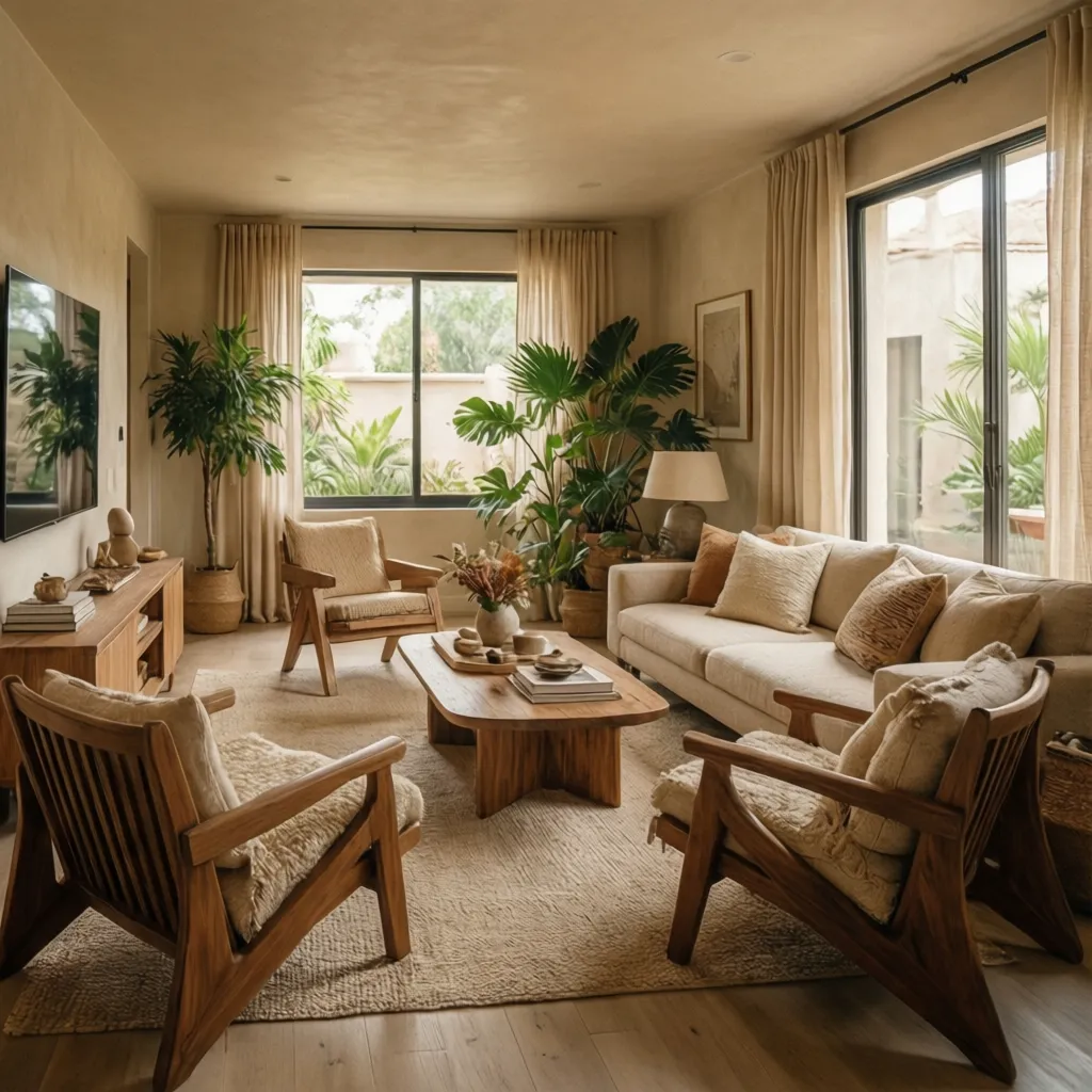 Warm living room featuring wooden chairs sofa coffee table green plants beige curtains natural sunlight