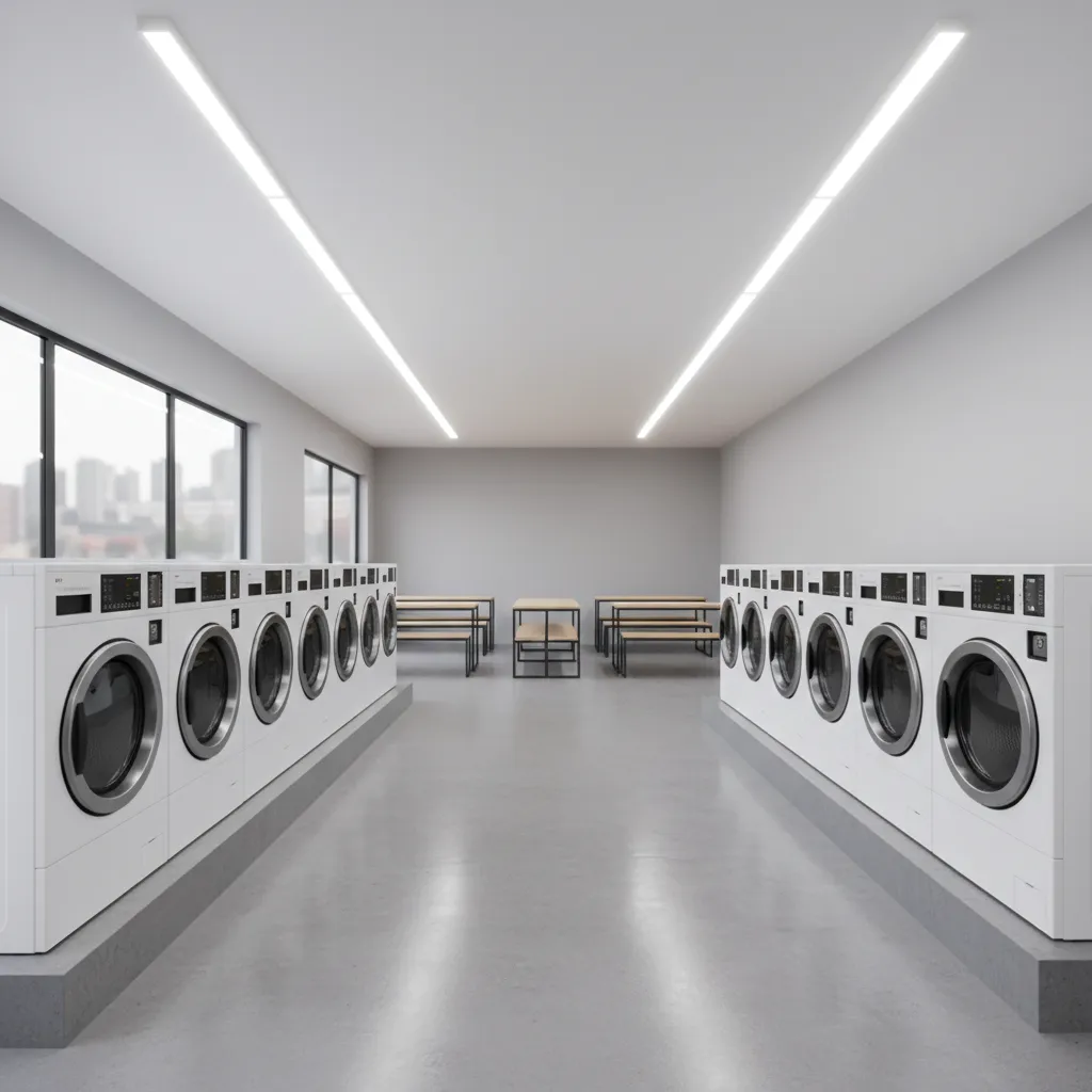 modern laundromat interior with sleek machines and bright lighting