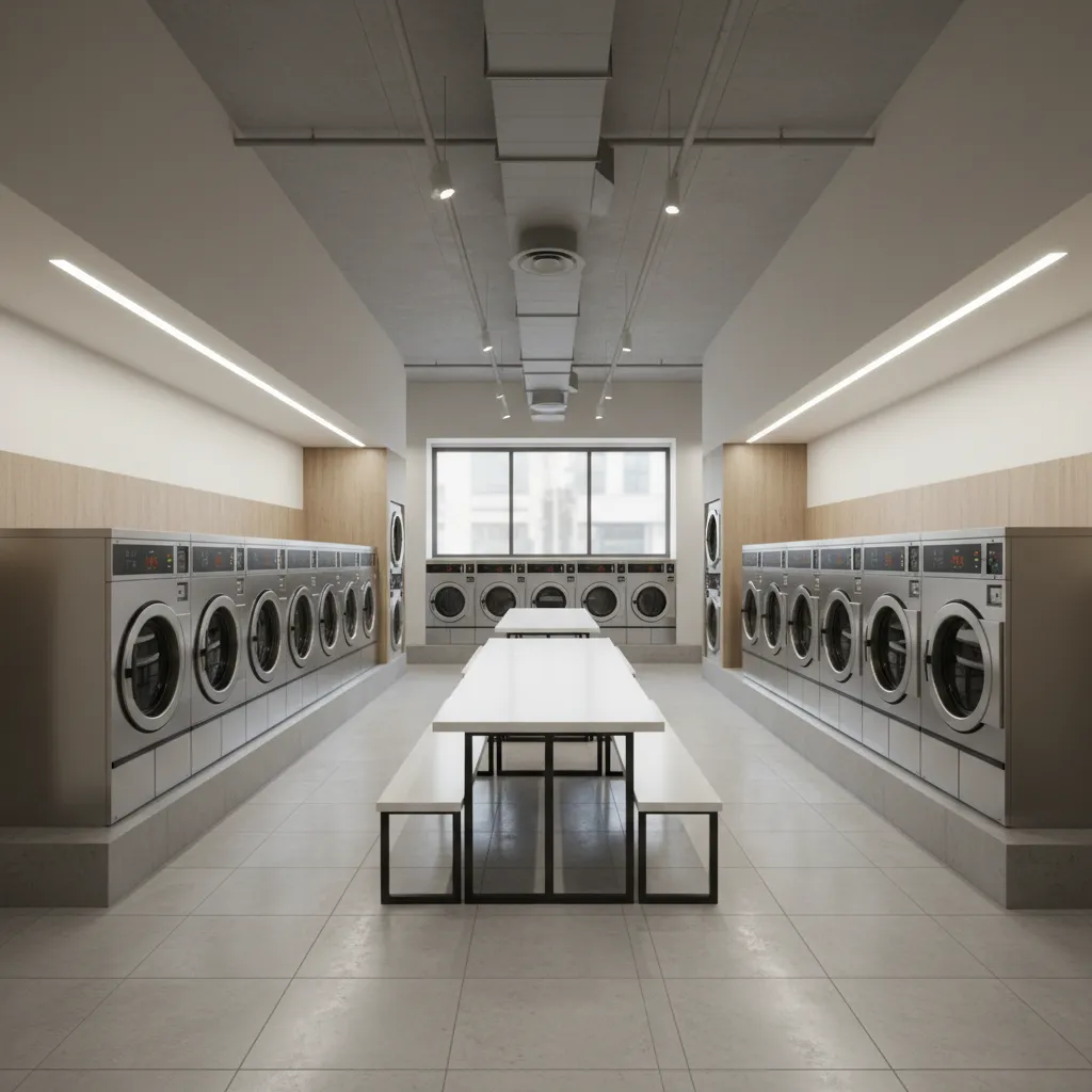 modern laundromat interior with bright lighting and organized washer layout