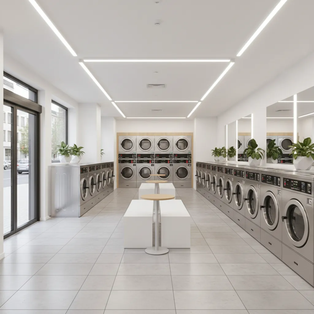 Clean modern laundromat interior with rows of front loading washers and bright lighting