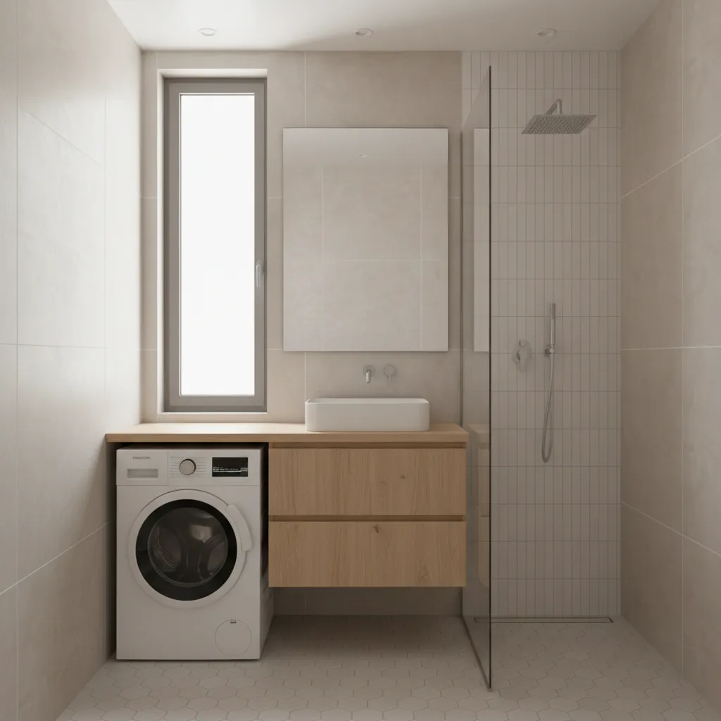 Compact bathroom with washer dryer and vanity in a modern layout
