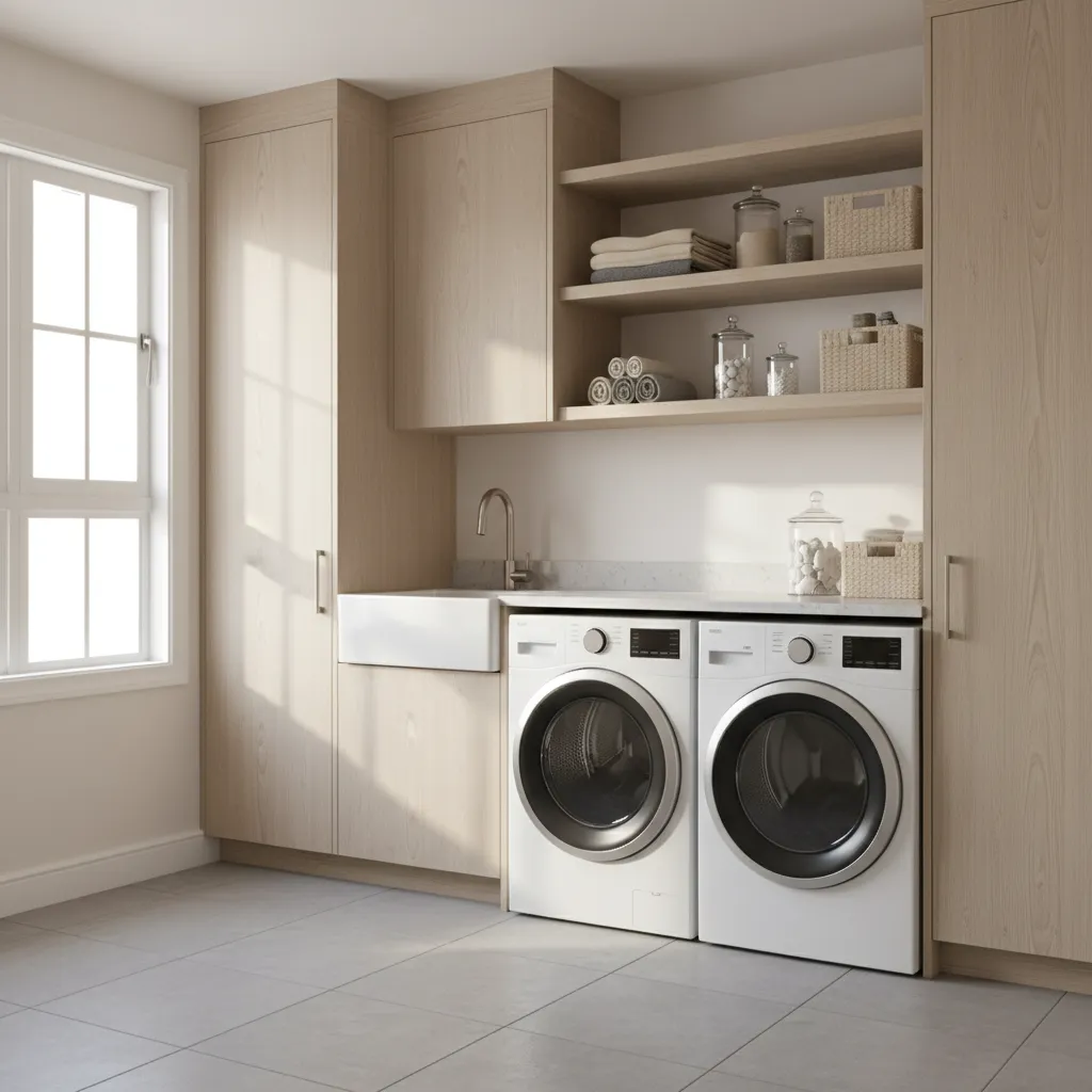 Well designed modern laundry room layout with airflow space around appliances