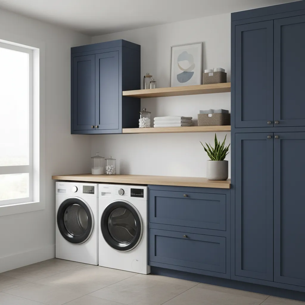 Modern laundry room with navy cabinets and folding counter