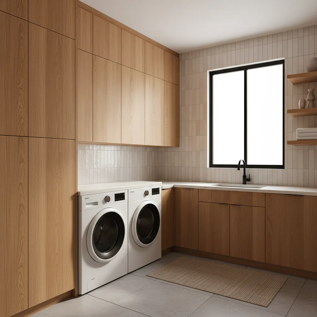Contemporary laundry room with full height cabinets quartz countertop and tile backsplash