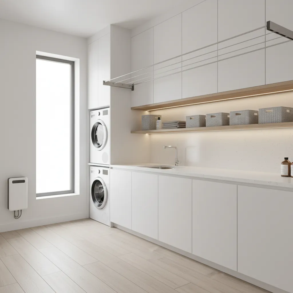 modern laundry room layout featuring a retractable indoor clothesline above a folding counter