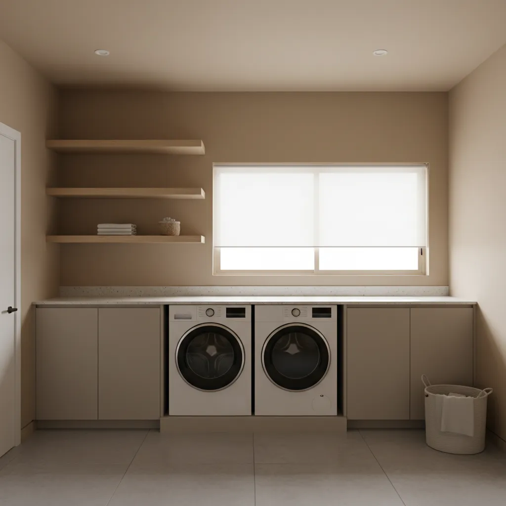Modern laundry room with beige walls wooden shelves white washing machines window blinds and basket