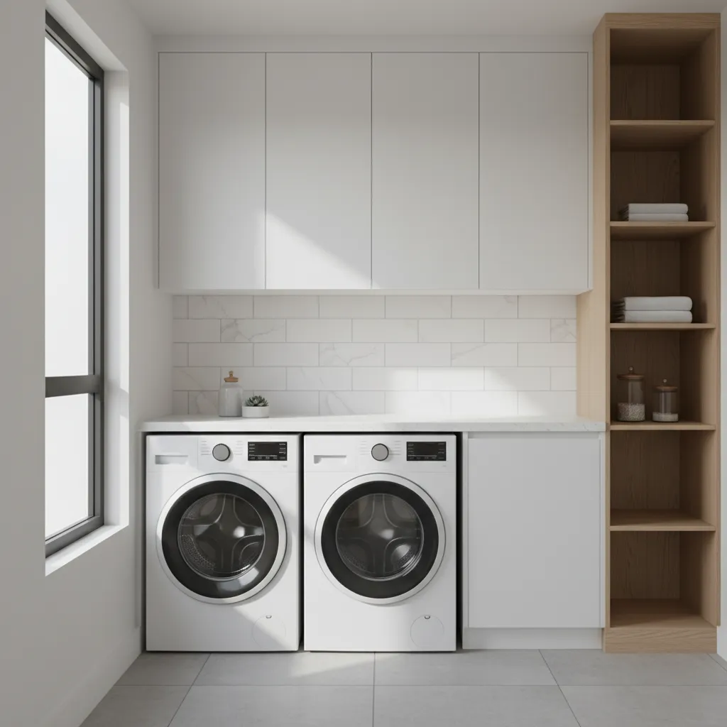 Laundry room with moisture resistant cabinets and quartz countertop