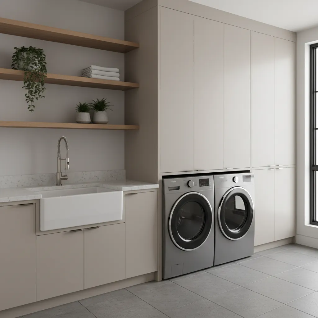 modern laundry room interior with washer dryer and durable flooring