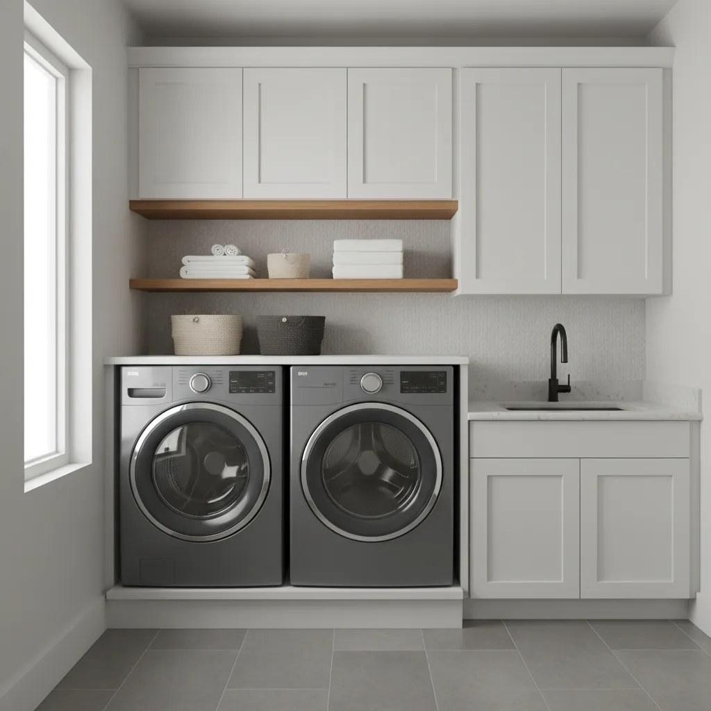 modern laundry room with grey washer dryer and organized cabinets