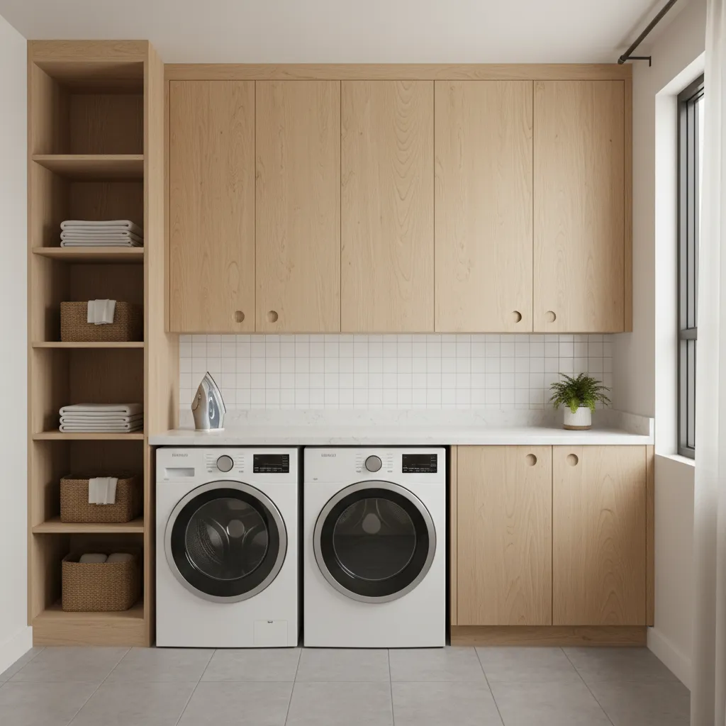 Well ventilated laundry room with plywood cabinets and washer dryer