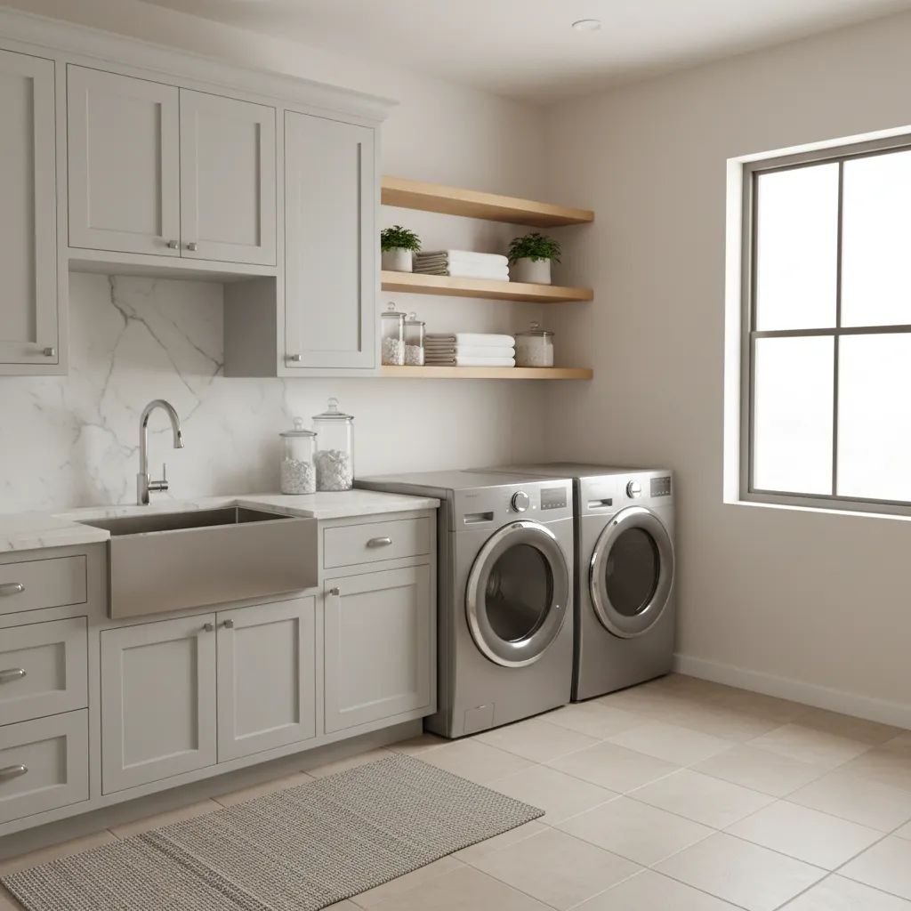 modern laundry room with stainless steel utility sink and cabinets