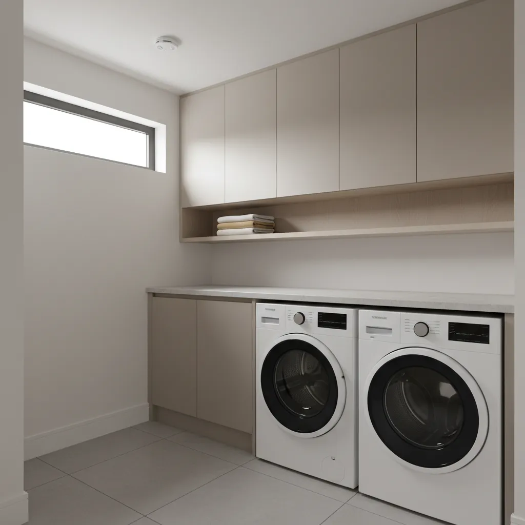 clean modern laundry room with washer dryer cabinets and ceiling detector