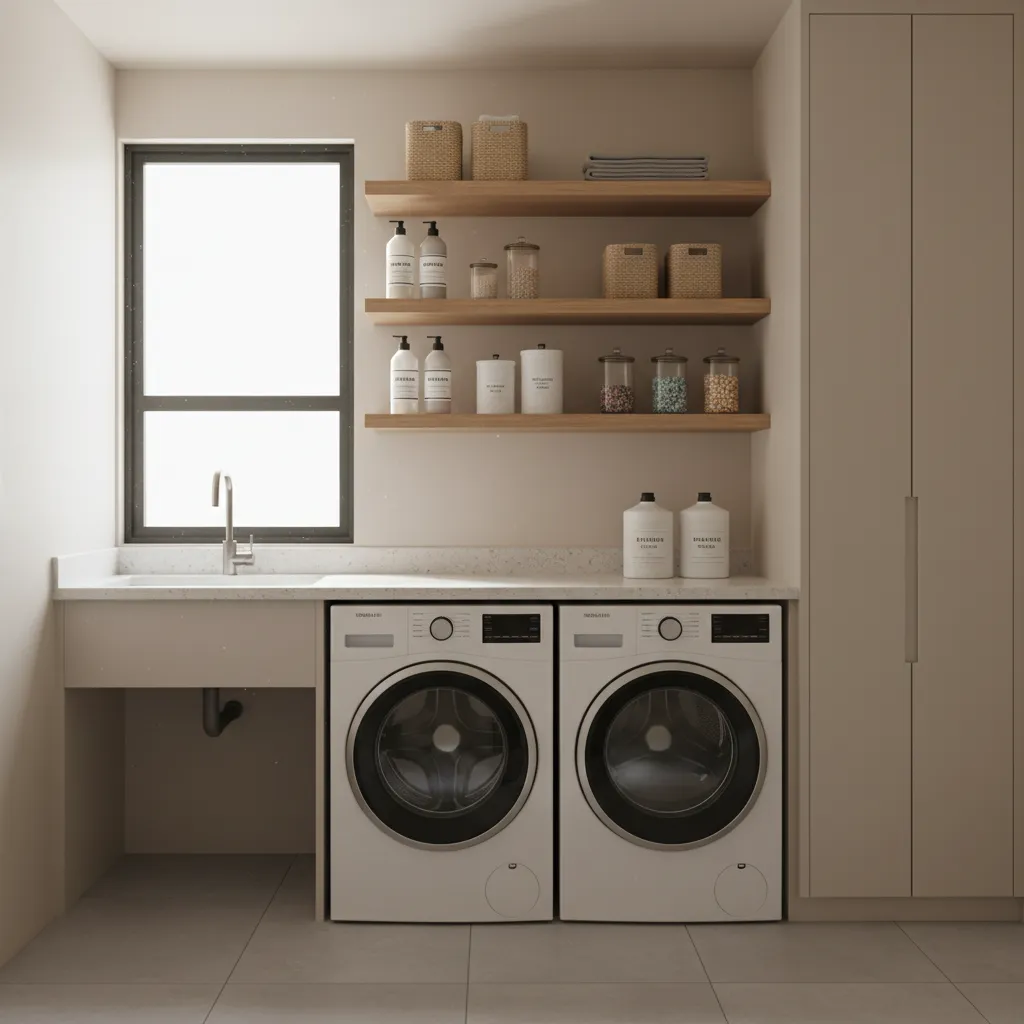 Laundry room shelves filled with scented detergent bottles and fabric softeners