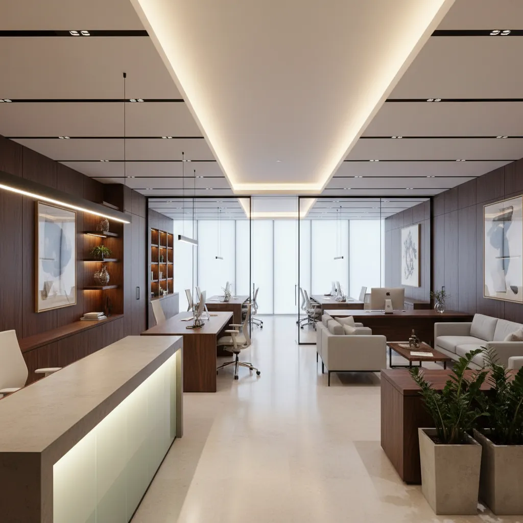 Modern open office with wood wall panels white floor desks chairs sofas and ceiling lights