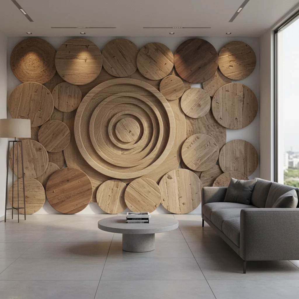 Modern interior wall featuring layered wooden circular wall art textures