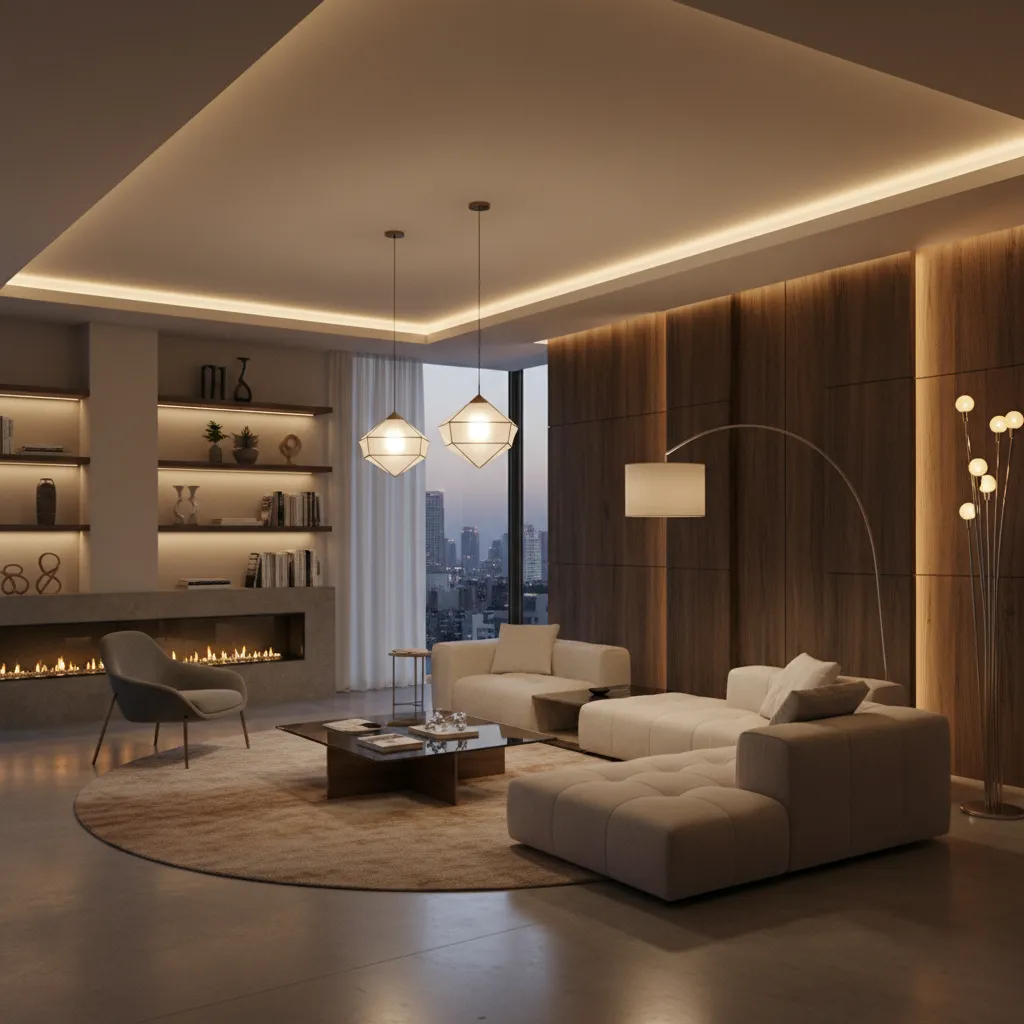 Modern living room featuring warm ceiling light hanging lamps fireplace wall panel and beige sofa