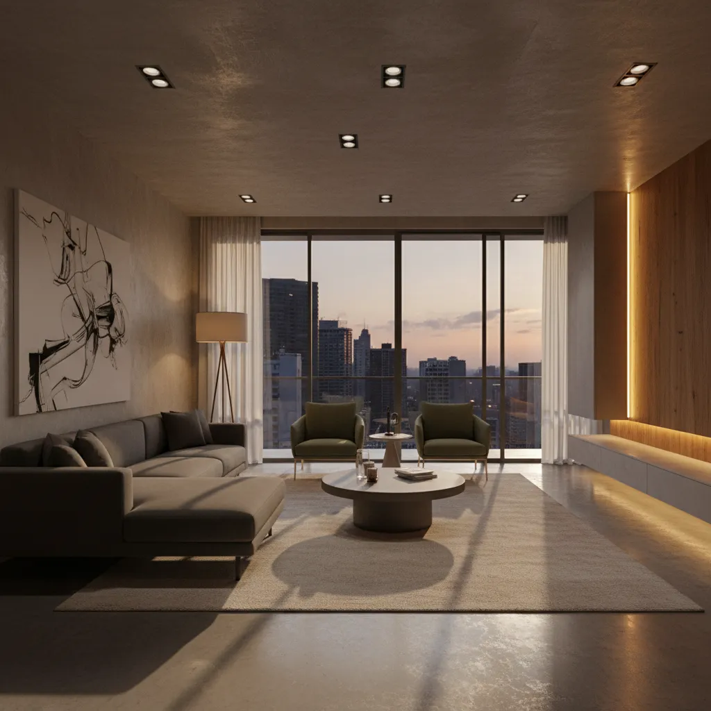 Sala moderna con iluminación en capas en casa de una planta