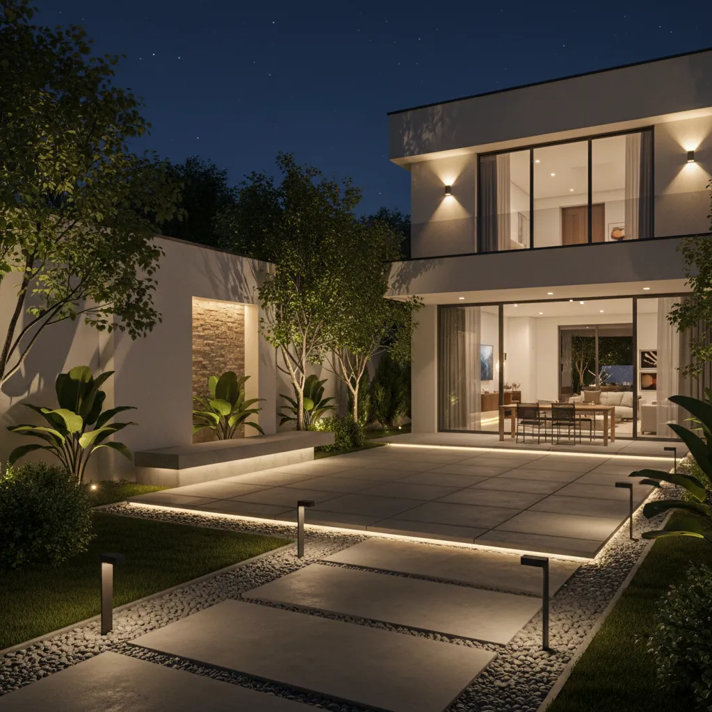 Modern backyard landscape fully illuminated with energy efficient LED lighting