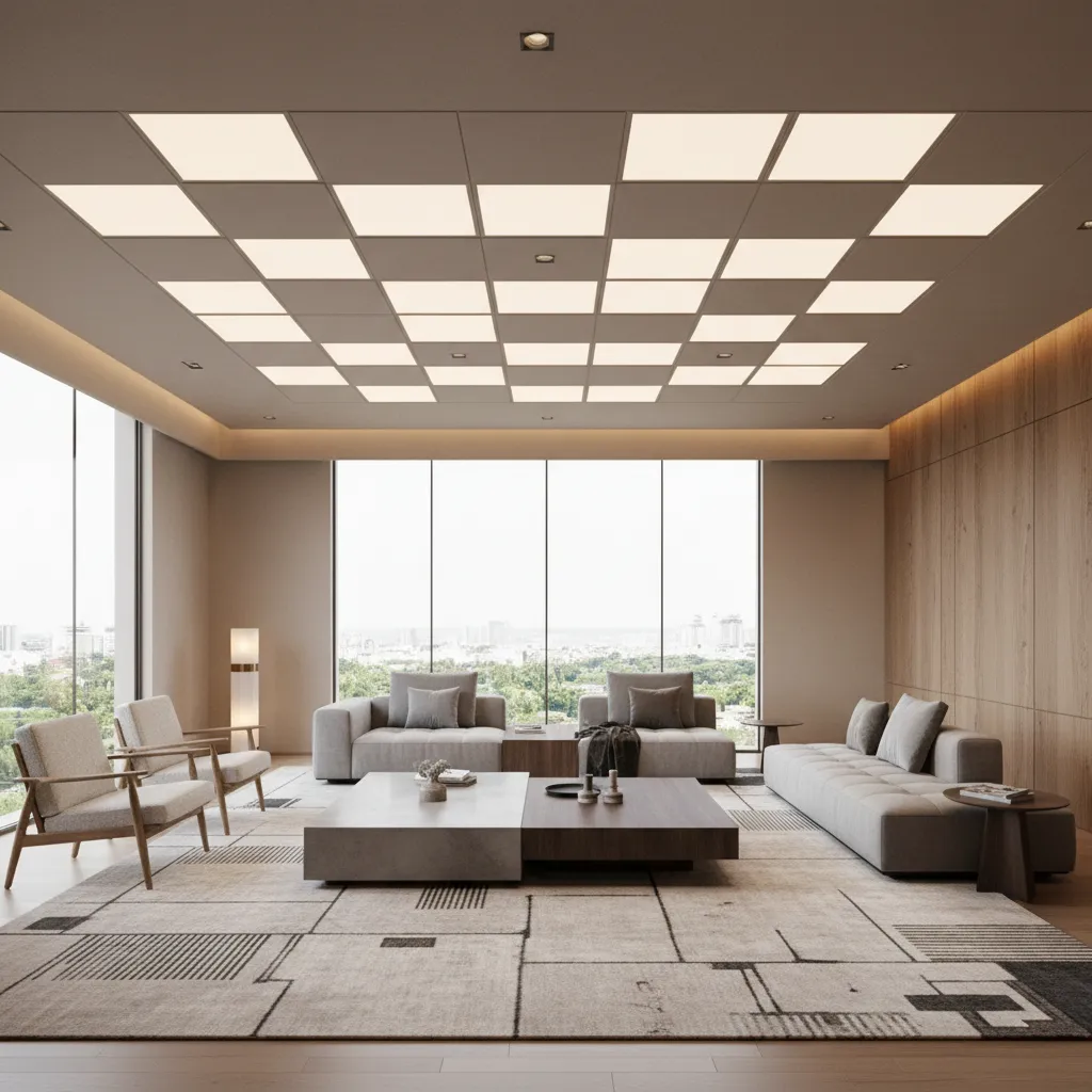 Modern living room with square ceiling light panels grey sofas wooden wall and large windows