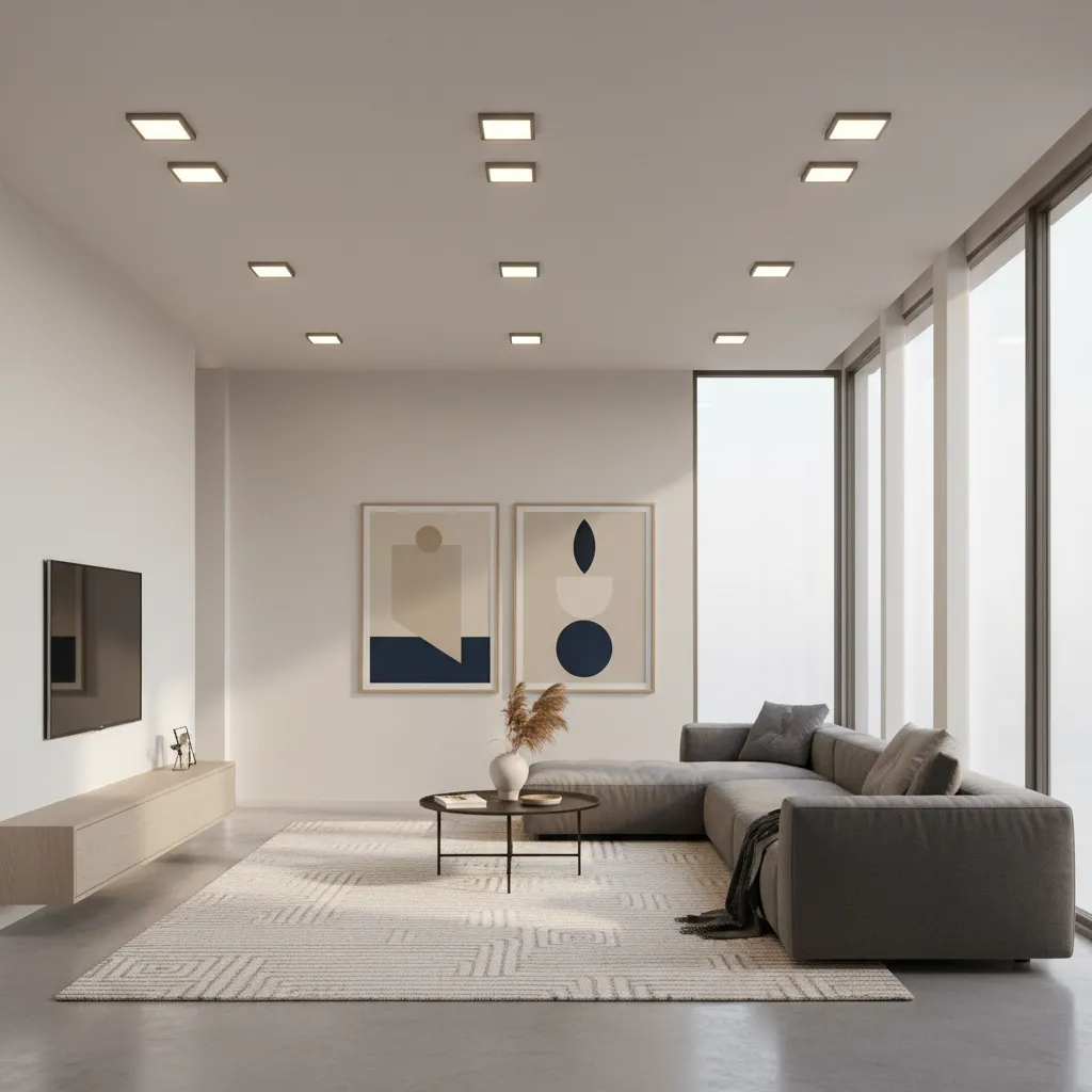 modern living room with evenly distributed LED panel ceiling lights
