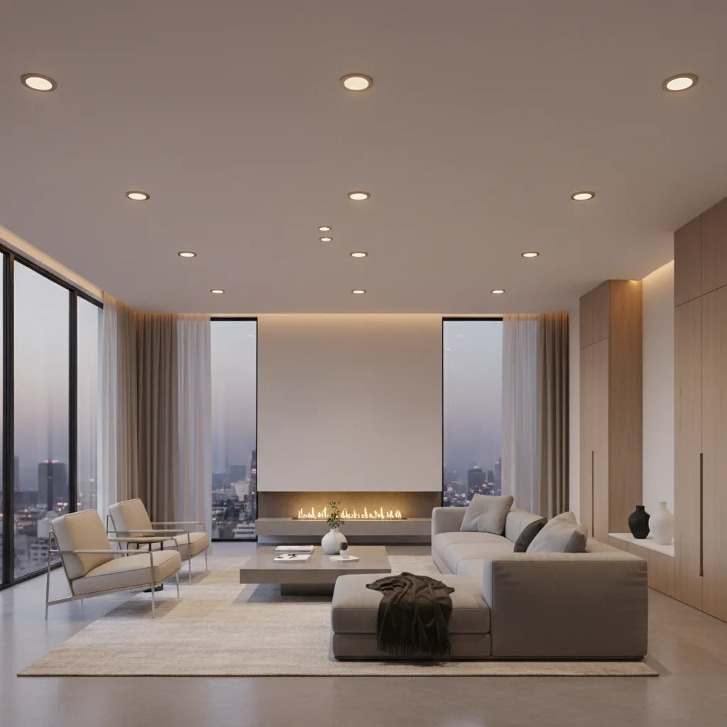 Modern living room with new LED recessed ceiling lights