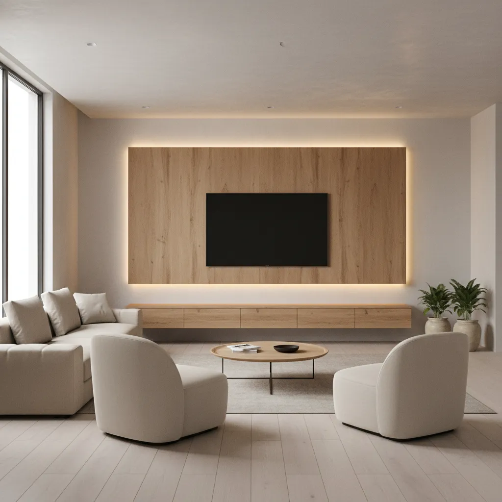 Modern drawing room with wooden LED TV panel wall and floating cabinet