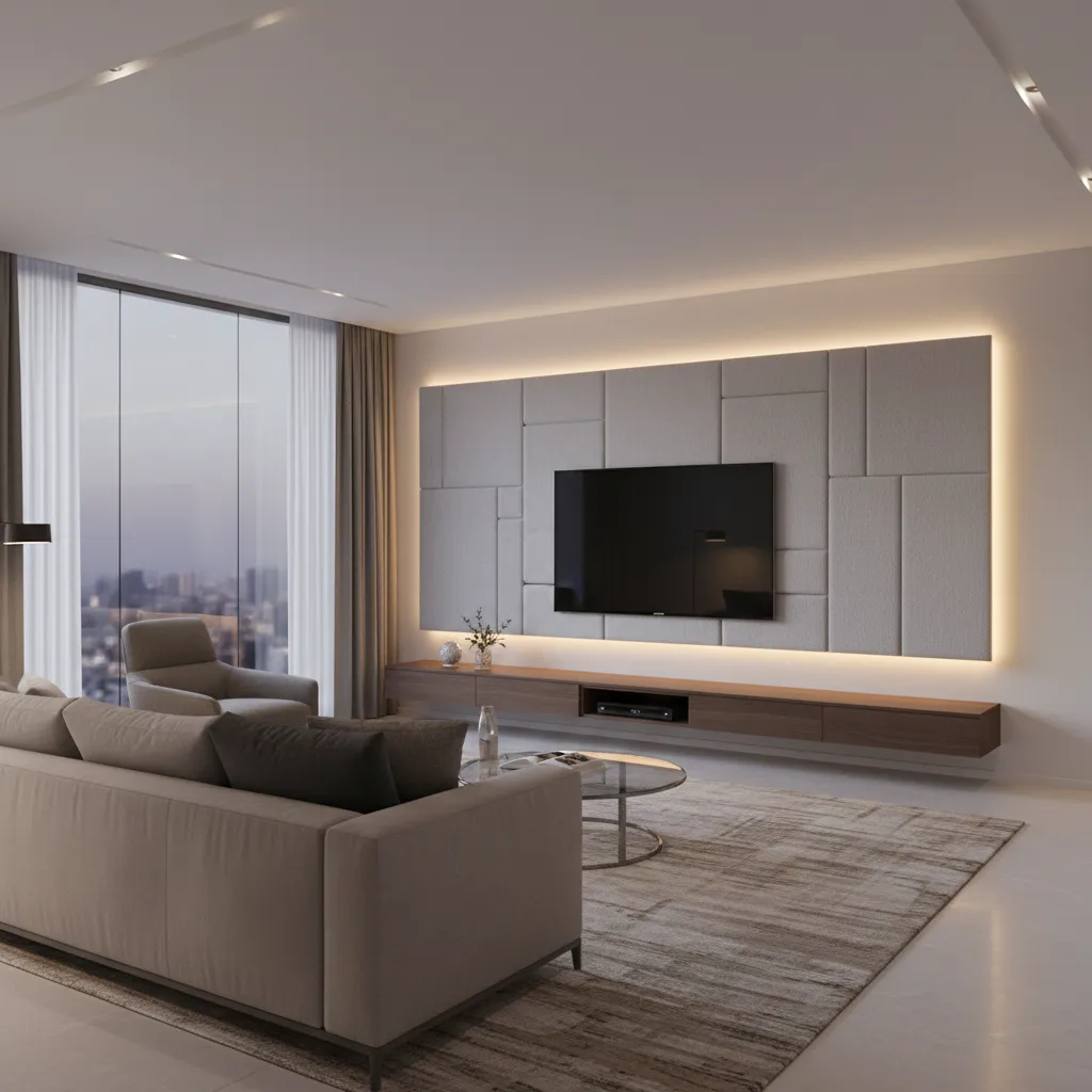 Modern living room TV wall with LED backlit cabinet