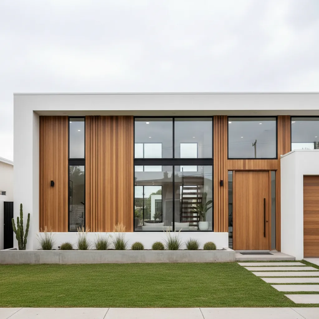 Modern white house exterior featuring vertical wood panels large black windows wooden door and lawn