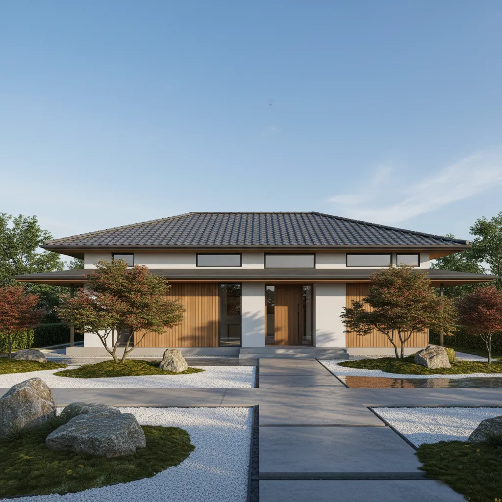 Modern one-story house with white walls wood panels zen garden white gravel rocks and trees
