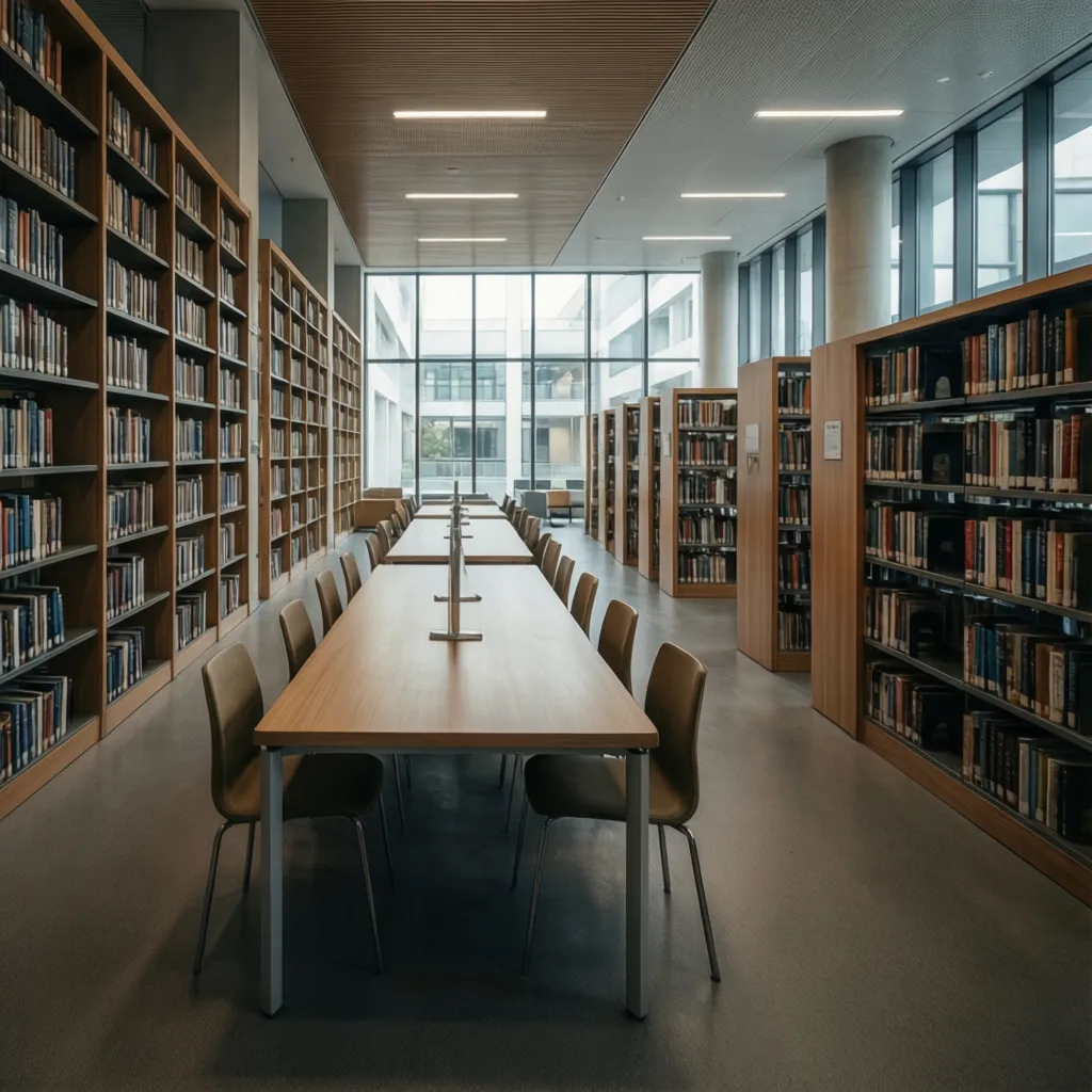 Open library reading area with shelves study tables and clear circulation paths