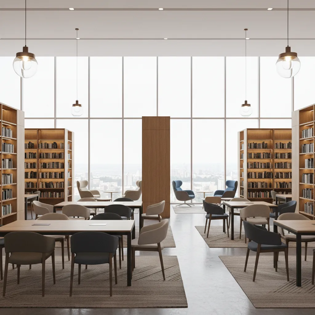 open modern library reading space with organized shelves and natural lighting