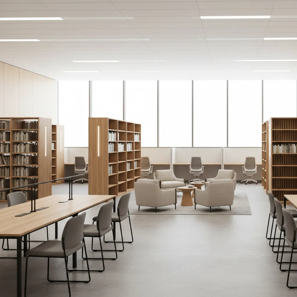 Contemporary library reading room layout with seating and study tables