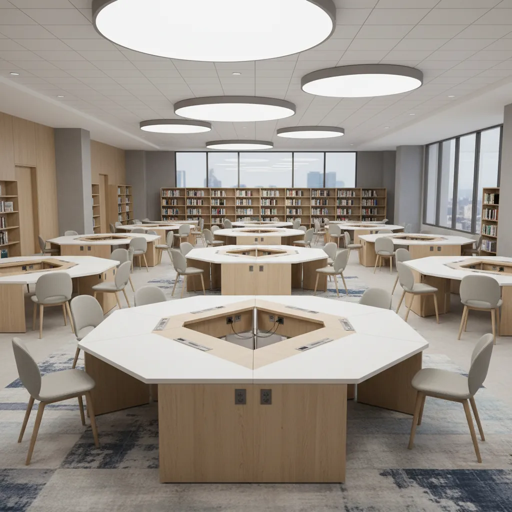 Collaborative study tables in modern library workspace