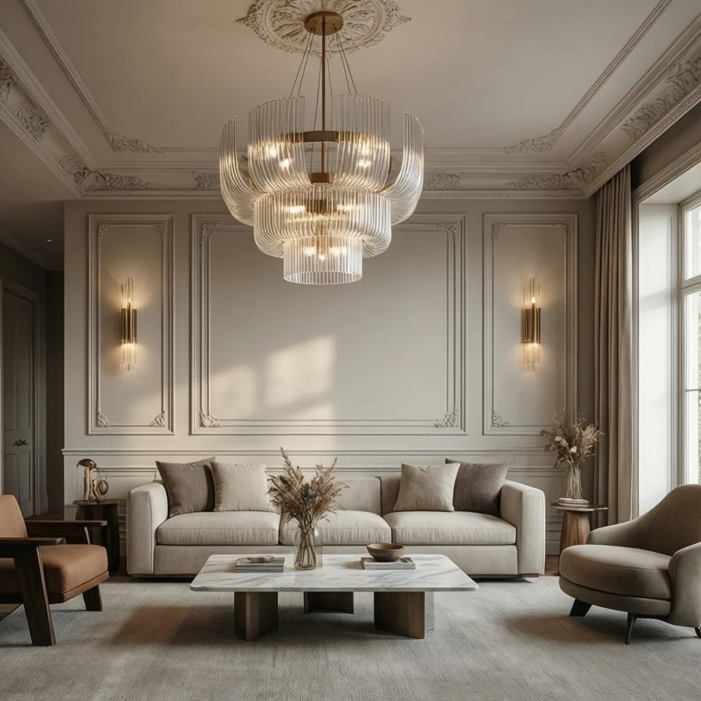 Salón clásico con lámpara moderna escultórica