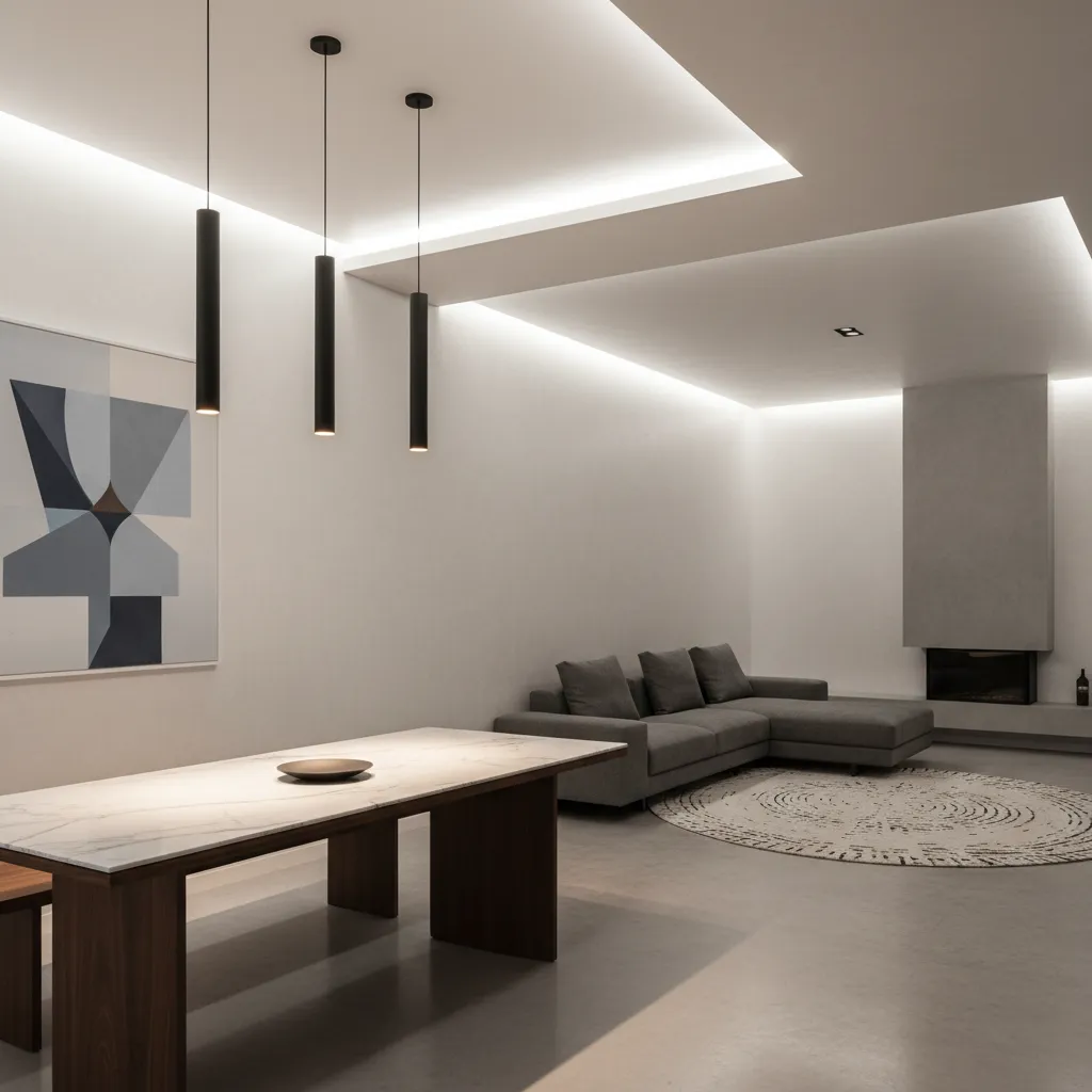 Iluminación moderna con lámparas colgantes en salón contemporáneo