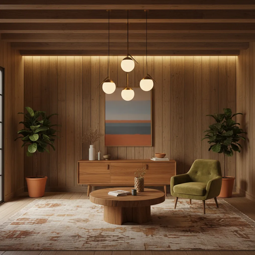 Habitación con muebles vintage y lámpara moderna colgante
